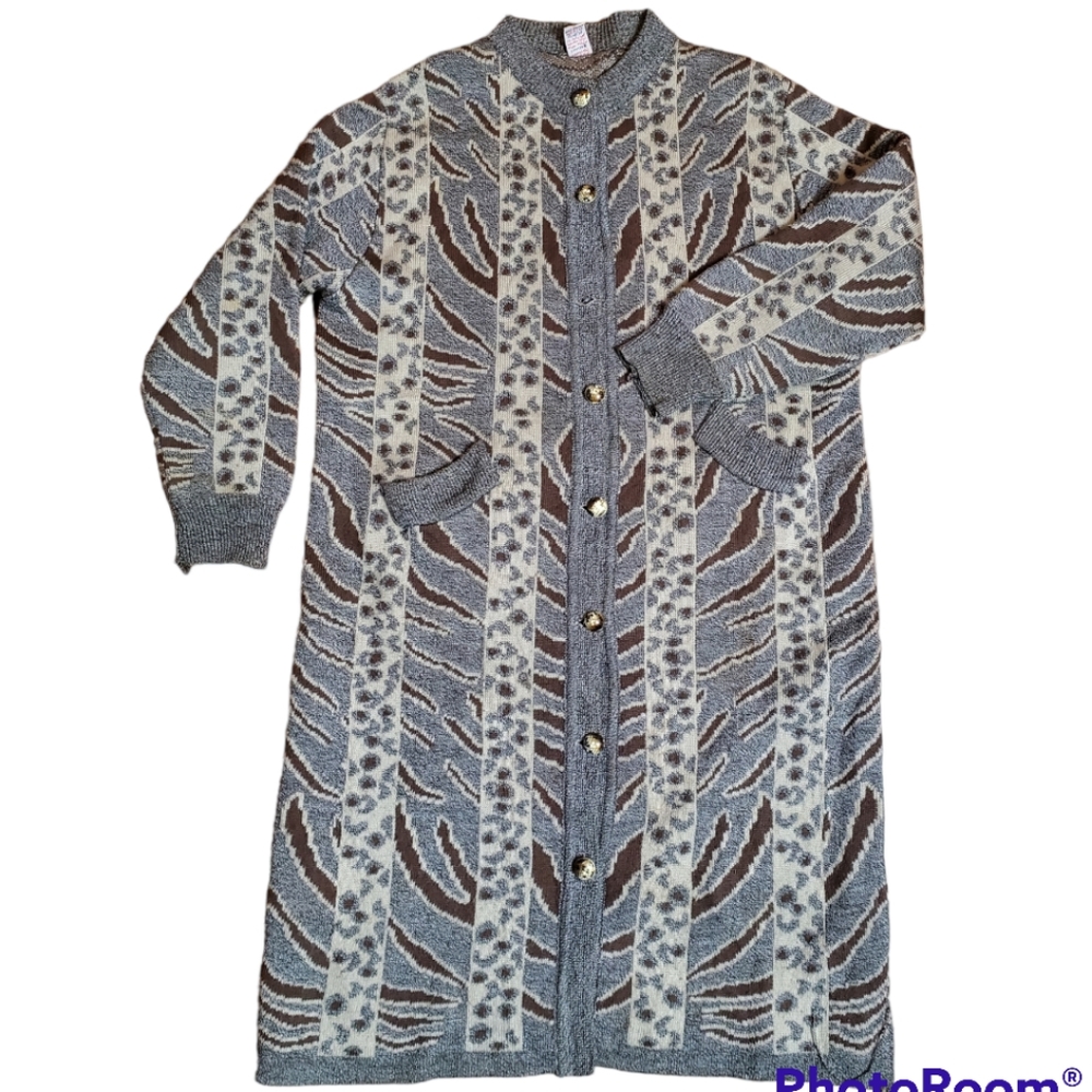 Vintage Button Down Long Sweater Masri Bros Syria Size Large Animal Print